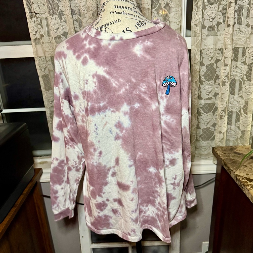 Warehouse Ine Purple and White Long Sleeve Tee with Embroidered Mushroom